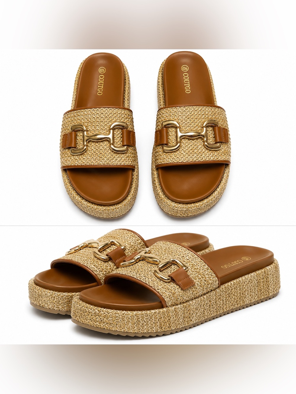 COUTGO Raffia Woven Horsebit Platform Slide Coastal Tan Brown Women’s Size 6.5